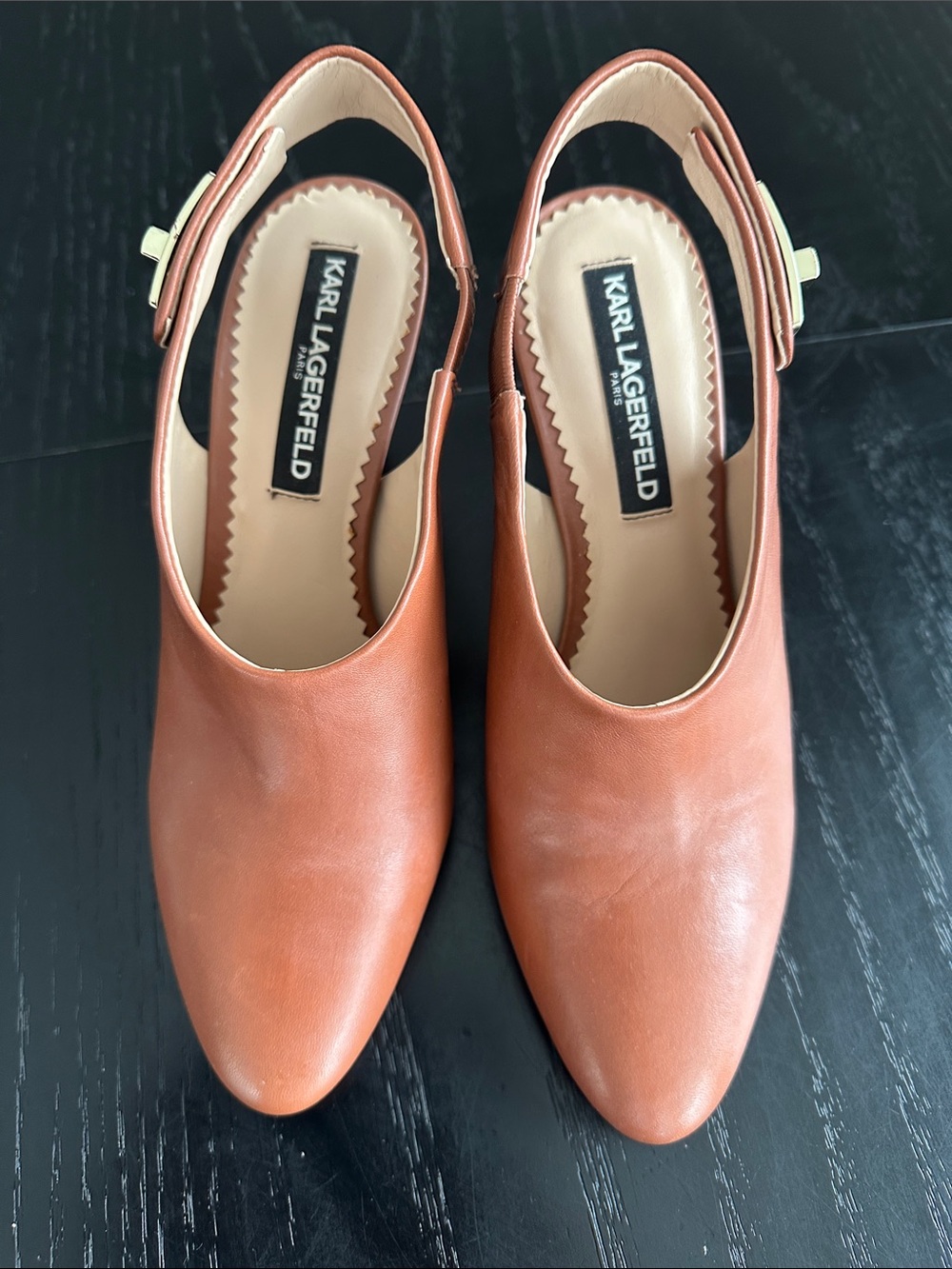 Karl Lagerfeld Cognac Leather Slingback Mules